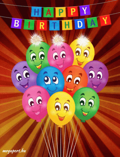A Bunch Of Balloons With Faces On Them And A Happy Birthday Banner Above Them GIF