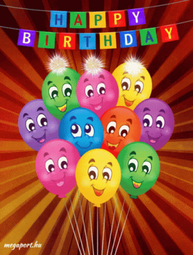 A Bunch Of Balloons With Faces On Them And A Happy Birthday Banner Above Them GIF