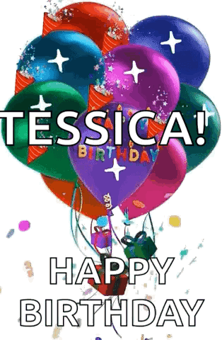 A Bunch Of Balloons With The Name Tessica Written On Them GIF