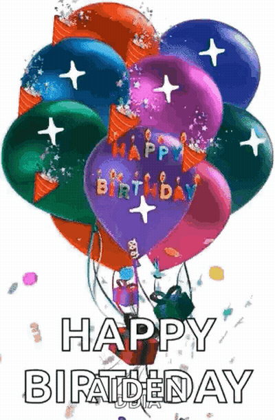 A Bunch Of Balloons With The Words `` Happy Birthday '' On Them GIF