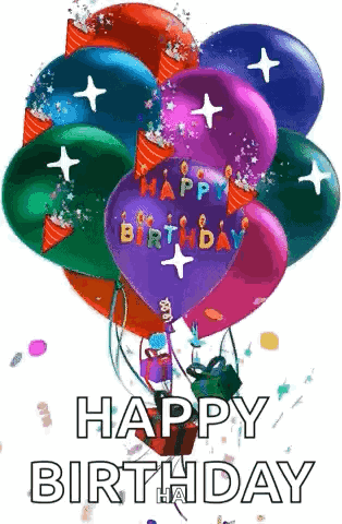 A Bunch Of Balloons With The Words `` Happy Birthday '' Written On Them . GIF