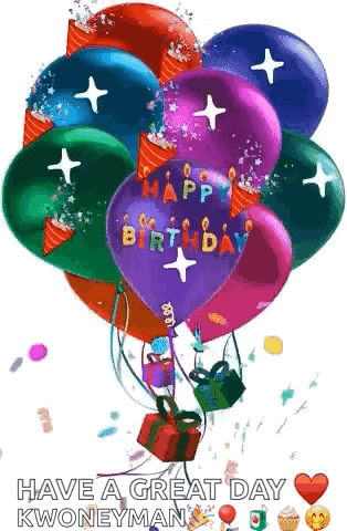 A Bunch Of Balloons With The Words Happy Birthday Written On Them . GIF