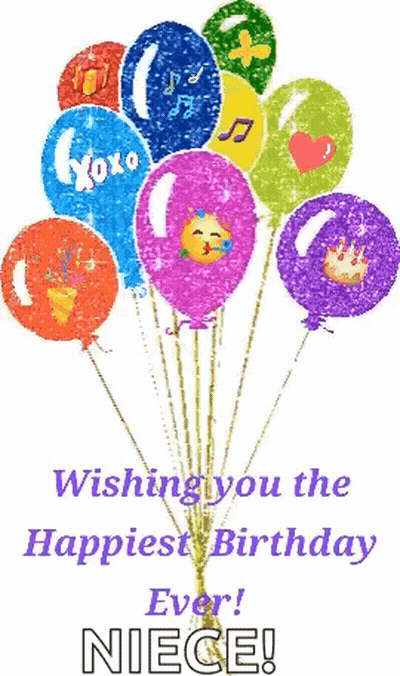 A Bunch Of Balloons With The Words Wishing You The Happiest Birthday Ever Niece Written On It GIF