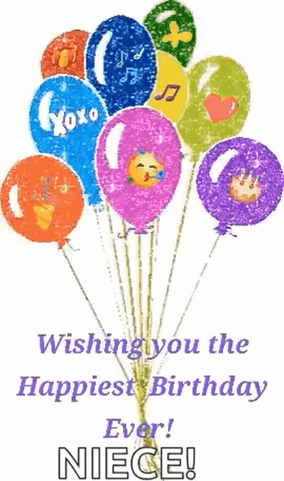 A Bunch Of Balloons With The Words Wishing You The Happiest Birthday Ever ! Niece Written On It GIF