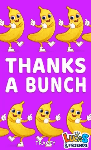 A Bunch Of Bananas Are Dancing On A Purple Background With The Words `` Thanks A Bunch '' . GIF