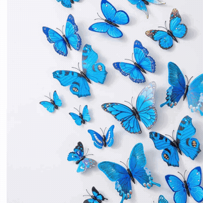 A Bunch Of Blue Butterflies Are On A White Background GIF