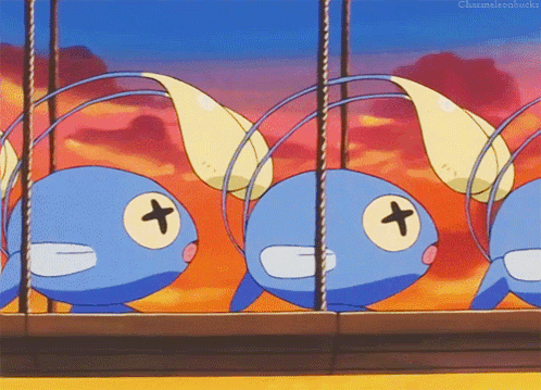 A Bunch Of Blue Cartoon Characters With Crosses On Their Eyes GIF