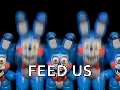 A Bunch Of Blue Stuffed Animals Are Standing Next To Each Other With The Words Feed Us Written Above Them GIF