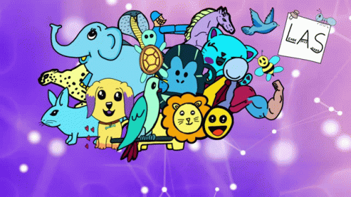 A Bunch Of Cartoon Animals With A Sign That Says Las On It GIF