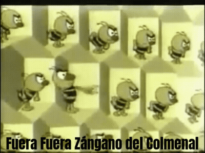 A Bunch Of Cartoon Bees Are Standing In A Row With The Words Fuera Fuera Zangano Del Colmenal On The Bottom GIF