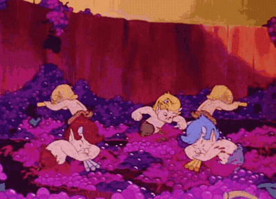 A Bunch Of Cartoon Characters Are Dancing In A Pile Of Grapes GIF
