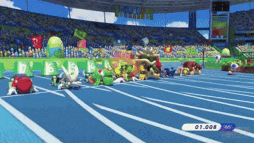 A Bunch Of Cartoon Characters Are Running On A Track With The Number 1.008 On The Bottom Right GIF