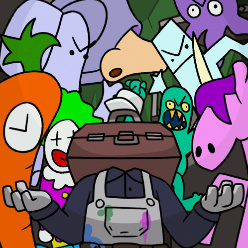 A Bunch Of Cartoon Characters Including A Carrot And A Clock GIF