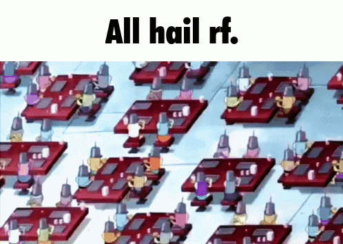 A Bunch Of Cartoon Characters Sitting At Tables With The Words All Hail Rf GIF