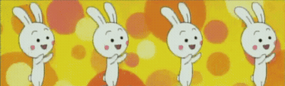 A Bunch Of Cartoon Rabbits Are Standing In A Row On A Yellow Background GIF