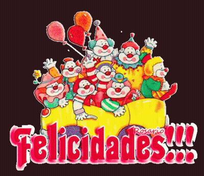 A Bunch Of Clowns Are Sitting On A Yellow Wagon With The Words Felicidades Written On The Bottom GIF