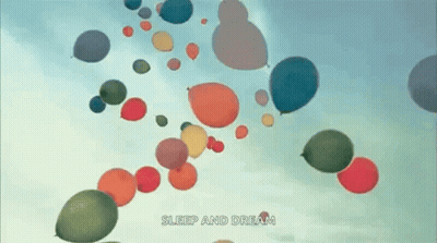 A Bunch Of Colorful Balloons Flying In The Sky With The Words Sleep And Dream Written Below Them GIF