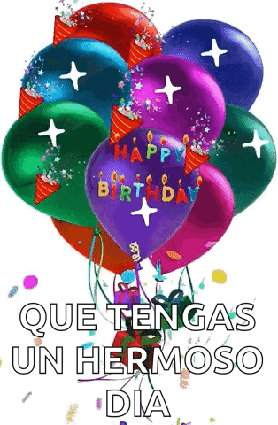 A Bunch Of Colorful Balloons With The Words " Happy Birthday " On Them GIF