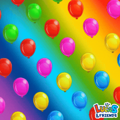 A Bunch Of Colorful Balloons With The Words Lucas & Friends On The Bottom GIF