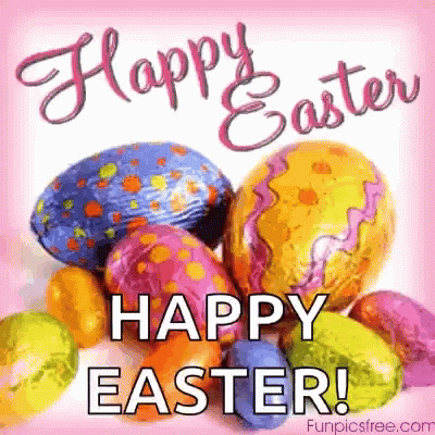 A Bunch Of Colorful Easter Eggs With The Words `` Happy Easter '' Written On It . GIF