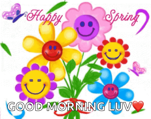 A Bunch Of Flowers With Smiley Faces And The Words Happy Spring GIF