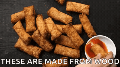 A Bunch Of Fried Food With The Words " These Are Made From Wood " GIF