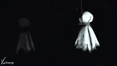 A Bunch Of Ghosts Are Hanging From The Ceiling With A Red Background GIF