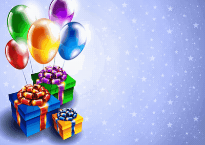 A Bunch Of Gifts And Balloons On A Purple Background GIF
