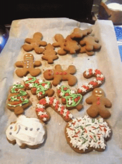 A Bunch Of Gingerbread Cookies Are Sitting On A Tray GIF