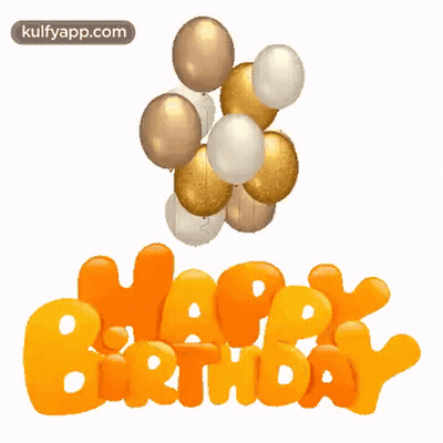 A Bunch Of Gold And White Balloons Are Hanging From A Happy Birthday Sign GIF