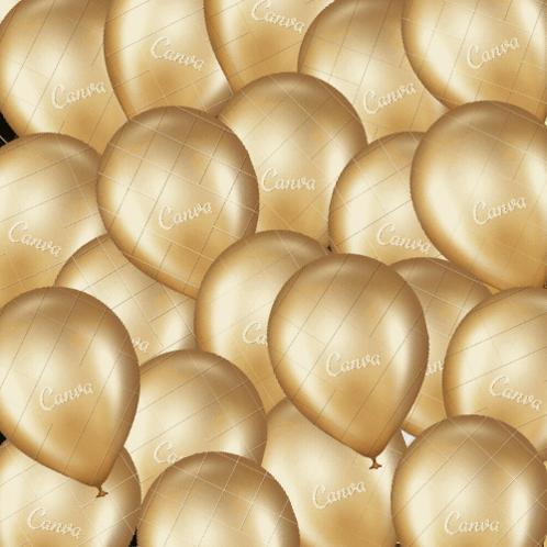 A Bunch Of Gold Balloons With The Word Canva Written On Them GIF