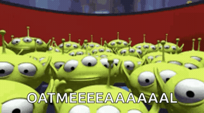 A Bunch Of Green Aliens From Toy Story Saying Oatmeeeeaaaal GIF