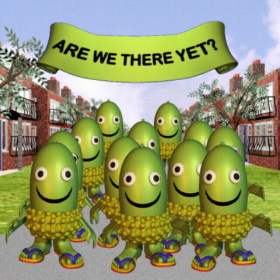 A Bunch Of Green Cartoon Characters Are Standing Under A Banner That Says Are We There Yet GIF