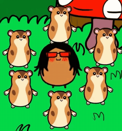 A Bunch Of Hamsters Are Standing Around A Mushroom GIF