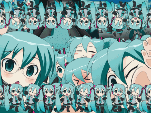 A Bunch Of Hatsune Miku 'S Are Lined Up In A Row GIF