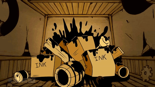 A Bunch Of Ink Boxes And Barrels On The Floor GIF