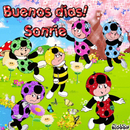 A Bunch Of Ladybugs Are Dancing In A Field With The Words Buenos Dias Sonrie GIF