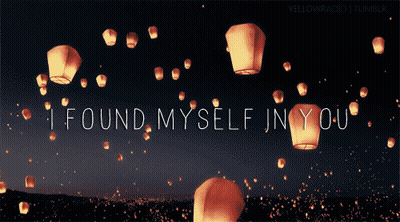 A Bunch Of Lanterns Are Floating In The Air With The Words I Found Myself In You GIF