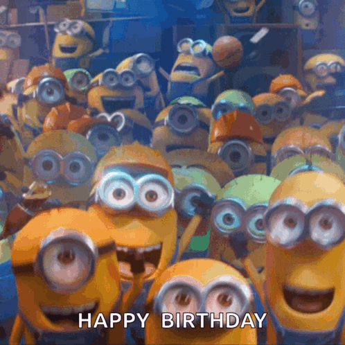 A Bunch Of Minions Are Gathered Together With The Words Happy Birthday Below Them GIF