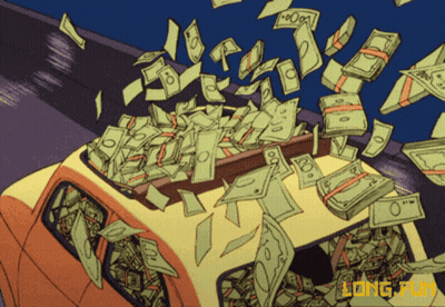 A Bunch Of Money Is Falling From The Roof Of A Car And The Word Long Fun Is On The Bottom GIF