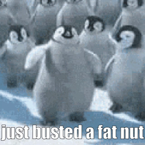 A Bunch Of Penguins Are Standing In A Line And The Caption Says Just Busted A Fat Nut GIF