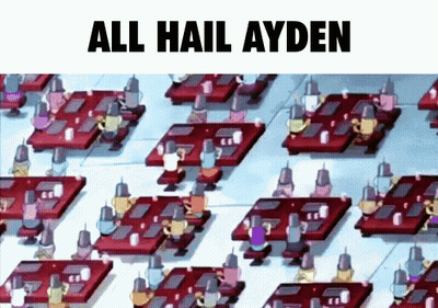 A Bunch Of People Are Sitting At Tables With The Words All Hail Ayden On The Bottom GIF