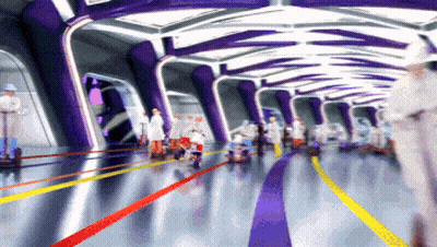 A Bunch Of People Are Walking Down A Hallway With Purple And White Walls GIF