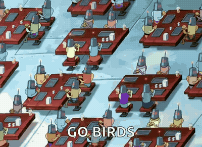 A Bunch Of People Sitting At Tables With The Words Go Birds Written On The Bottom GIF