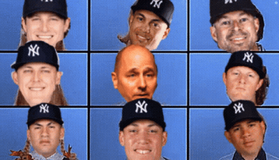 A Bunch Of People Wearing Ny Hats With Their Faces Cut Out GIF