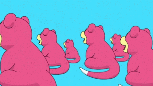 A Bunch Of Pink Cartoon Characters With A Blue Background GIF