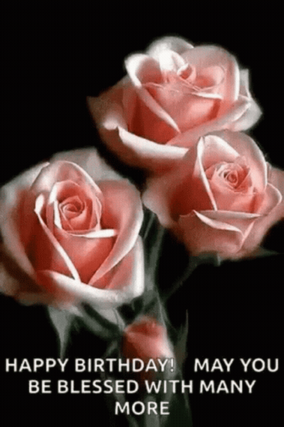 A Bunch Of Pink Roses On A Black Background With The Words `` Happy Birthday ! May You Be Blessed With Many More '' GIF