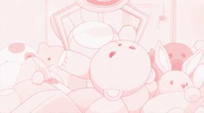 A Bunch Of Pink Stuffed Animals Are Laying On A Pink Surface GIF