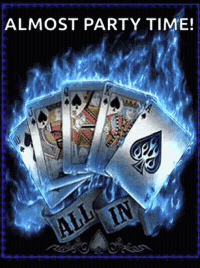 A Bunch Of Playing Cards Are On Fire With The Words `` Almost Party Time '' Written On The Bottom . GIF