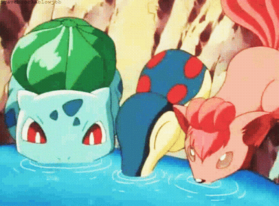 A Bunch Of Pokemon Are Drinking Water From A Pool . GIF